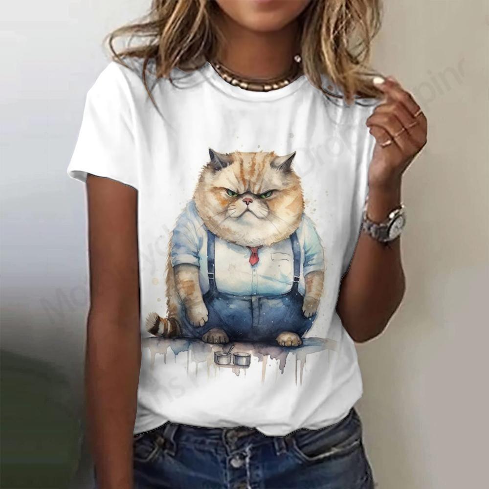 Летняя женская футболка с рисунком милого кота в виде 3D-принта, женская модная футболка с круглым вырезом и коротким рукавом, топы, футболки, одежда с животными
