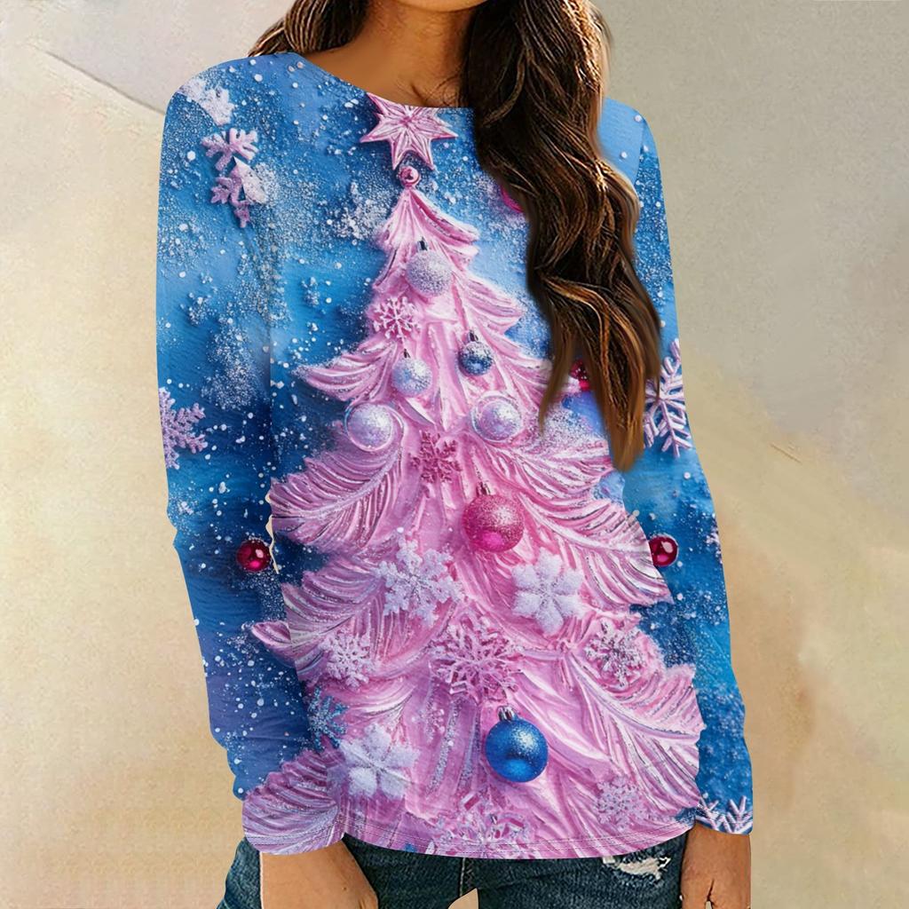 Женская мода круглый вырез пуловер с глубокими рукавами футболка с рождественским принтом топ
