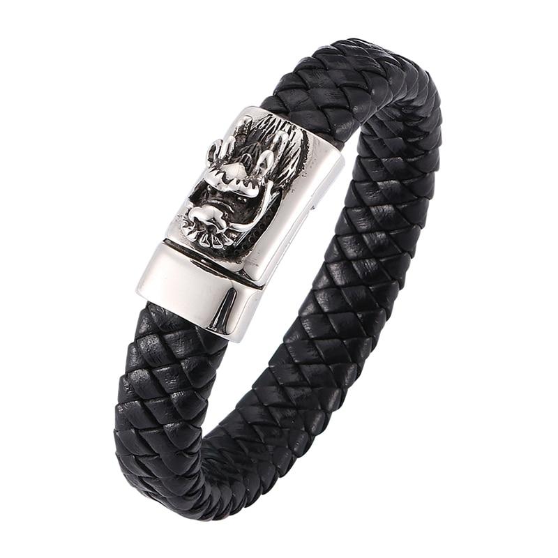 Fashion Men Jewelry Black Leather Bracelet Charm Dragon Head Stainless Steel Buckle Bracelet Male Punk Jewelry
