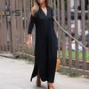 Women Dress V Neck Loose Solid Color Side Split Hem Three Quarter Pleated Sleeve Knitted Soft Casual Soft Breathable Ankle Length Maxi Dress