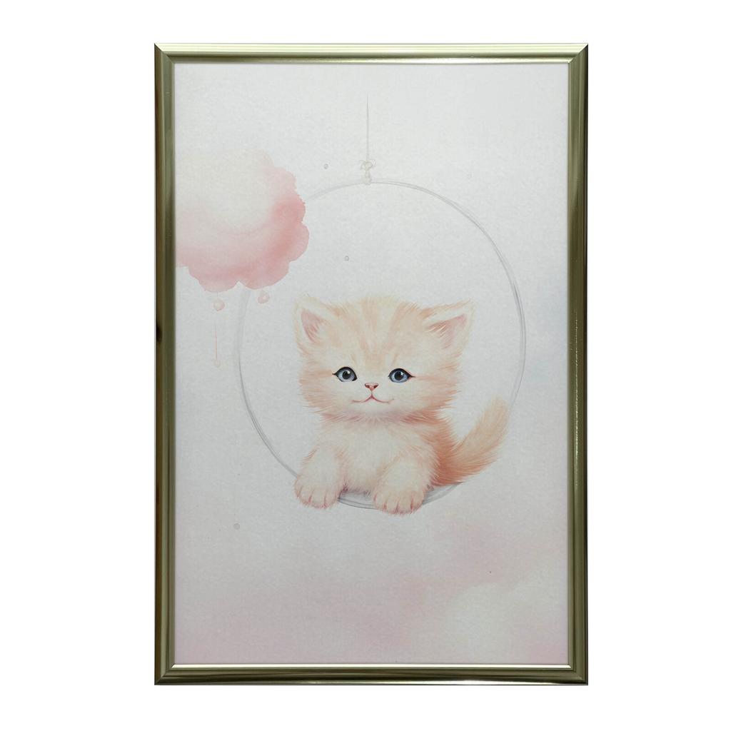 Радостный Котенок На Качелях Радостный Котенок На Качелях, 50x70 См, Золотая Алюминиевая Рама, Матовая Бумага 230 г/м²