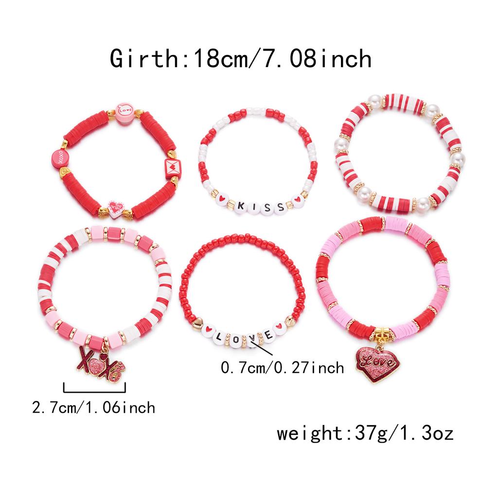 Fashion 6pcs/set Y2K Pink Beads Polymer Clay Bracelets Set for Women Girls LOVE Heart Pendant Gifts for Lovers Jewelry