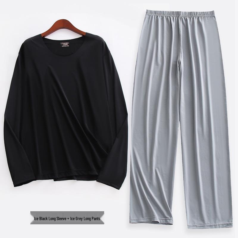 Liquid Ice Silk Ultra-Thin Men's Pajama Set - Spring/Summer Long Sleeve Top & 9/9 Length Pants, High Elastic Home Wear