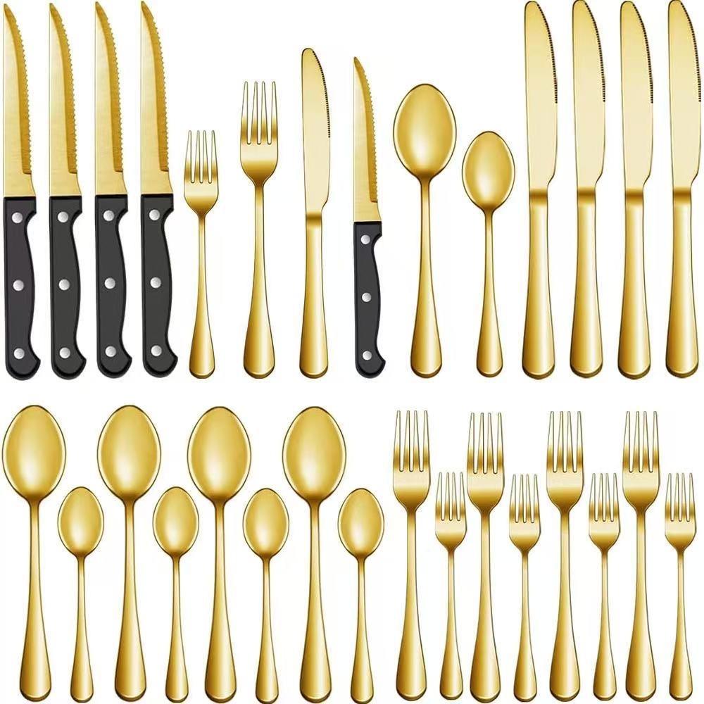 Stainless Steel 1010 Steak Knife, Fork and Spoon Set Western Tableware Long Handle Thickened 24/48 Piece Set