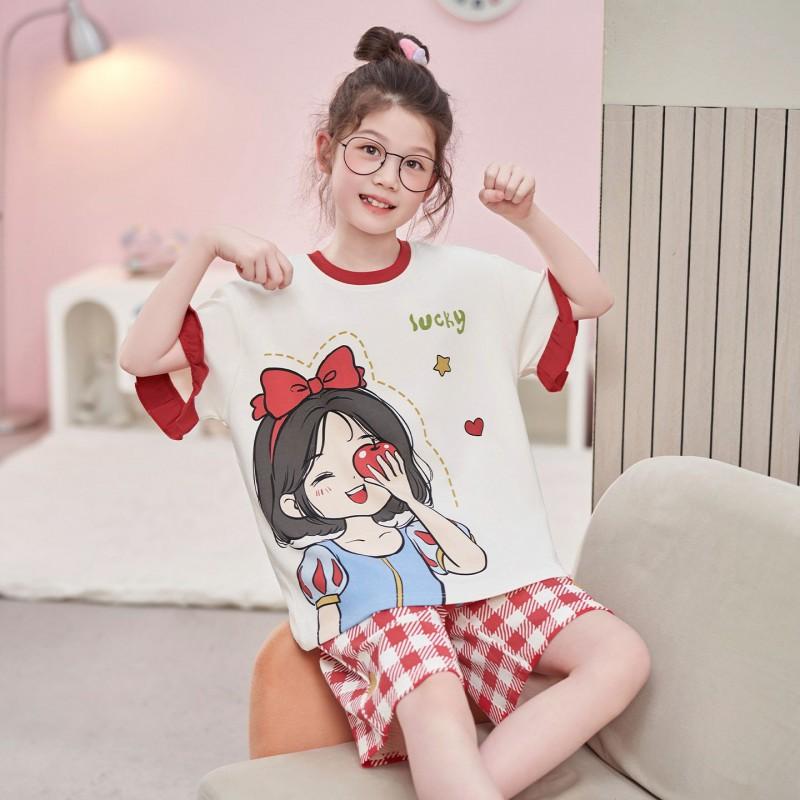 Girls Cotton Pajama Set Short Sleeve Cartoon Print Lightweight Sleepwear Ages 8 2026