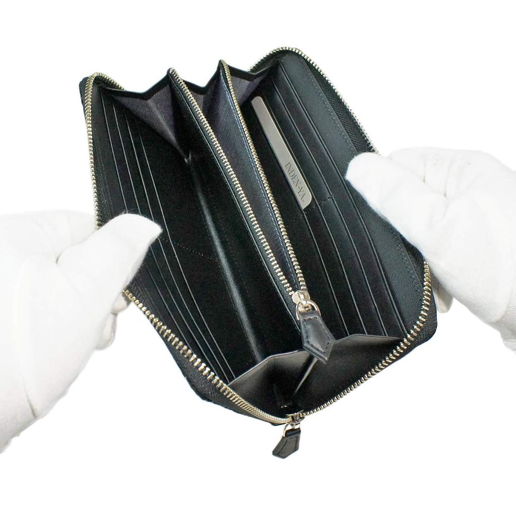 Inden Long Bundle Round Black X Black Different Checkered Pattern [Indenya] Wallet, Wallet, Y, Zipper, Deerskin, Lacquer, 2111-01-119