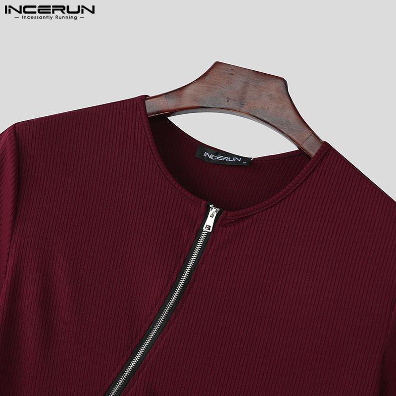 INCERUN Летние мужские повседневные футболки с круглым вырезом и коротким рукавом, косой планкой, застежкой-молнией в рубчик
