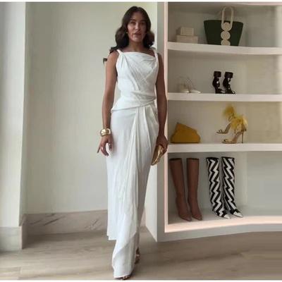 Элегантное женское платье с оборками и разрезом по бокам, белое, без рукавов, плиссированное, вечернее, универсальное, длинное женское платье, летнее женское платье