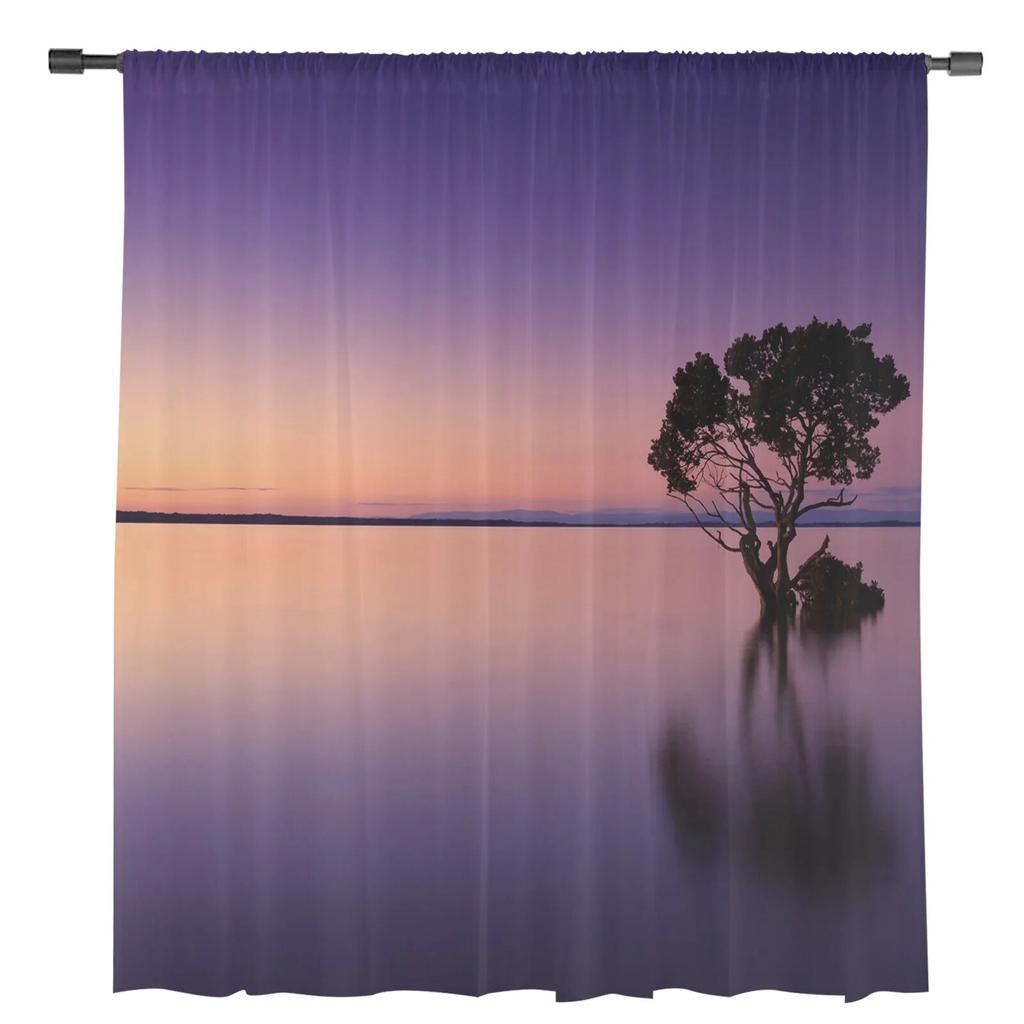 Sunset Tree Water Silhouette Window Curtain for Bedroom Sheer Curtain for Living Room Luxury Tulle Curtain for Kitchen