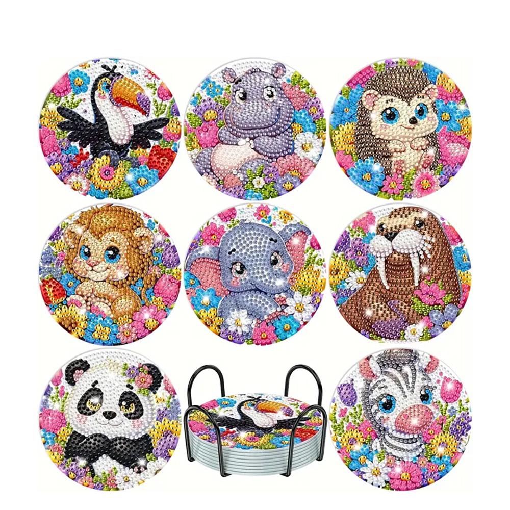 8 Pieces/set of Diamond Painted Animal Patterned Coasters, DIY Coasters with Holder, Suitable for Beginners and Adults, Art and Craft Supplies Gifts