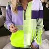 Checkered Splicing European and American New Women's Printed V-neck Semi-zipper Long-sleeved Pullover Loose Sweatshirt