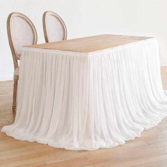 Tulle Table Skirt for Rectangular Tables 4/6/9ft Wrinkle Free Table Cloth with Tutu Skirt Reusable Tablecloth for Wedding Bridal Shower Birthday Party