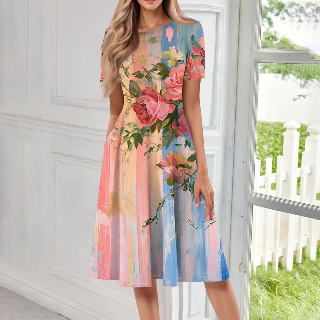 Женское свободное повседневное и модное платье с круглым вырезом и короткими рукавами, средней длины с принтом