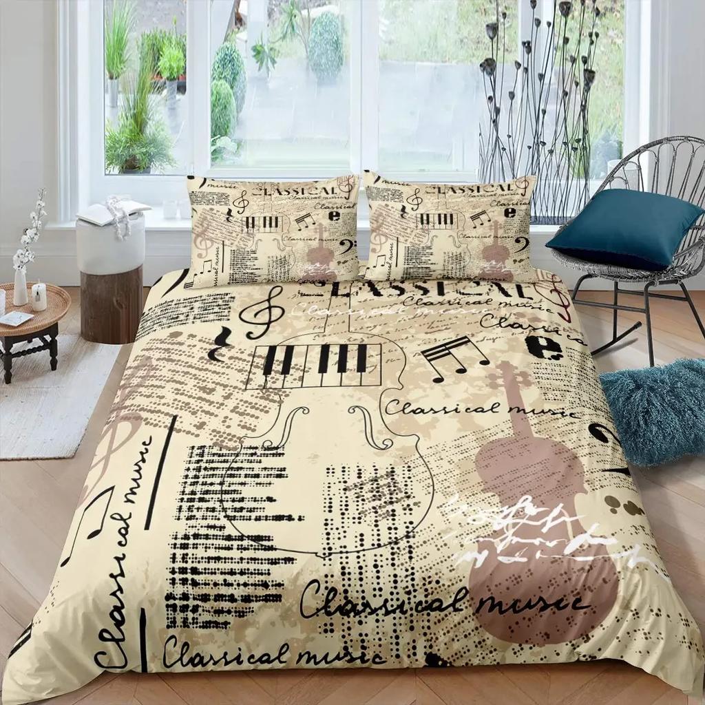 Old Newspaper Duvet Cover Set Vintage French Bedding Brown Quilt Cover for Boys Girls Teens Polyester Comforter Cover