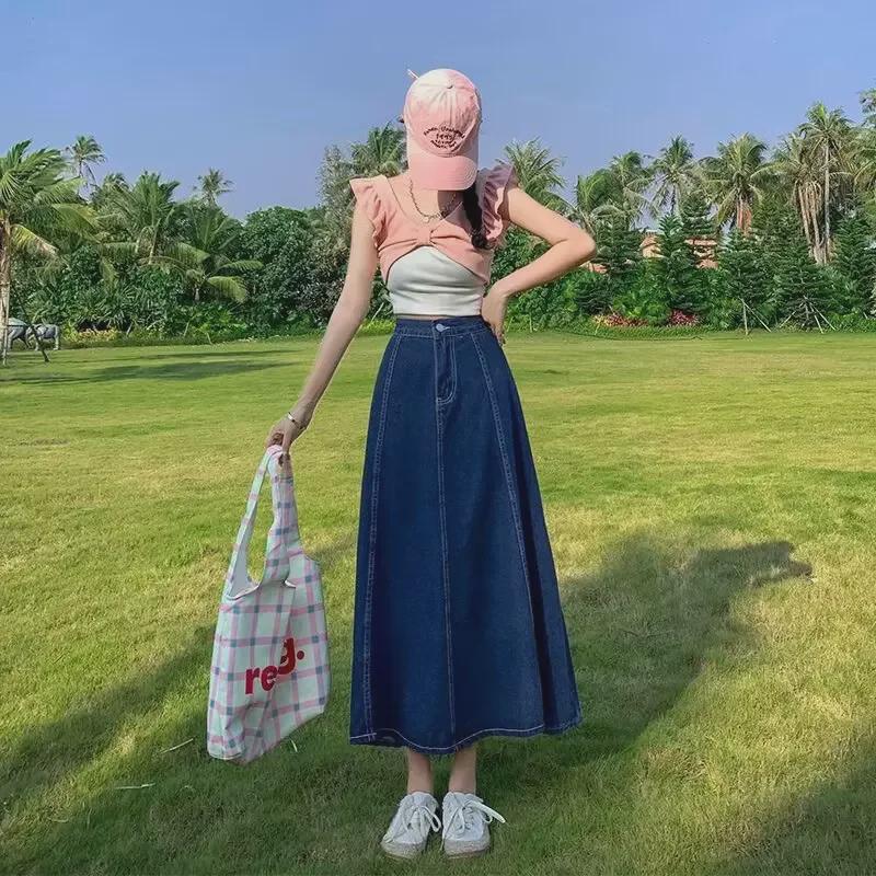 2024 Джинсовая юбка А-силуэта с высокой талией в стиле ретро — средней длины, большой размер Swing, весна-лето