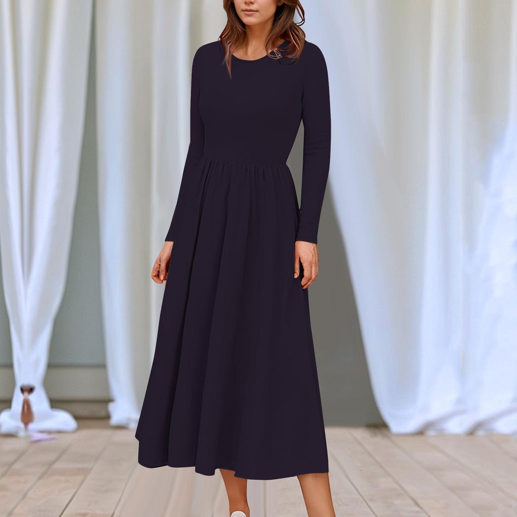 Women's Solid Color Midi Boho Dress Casual Long Sleeve Flowy Smocked Dresses With Pocket Summer And Spring