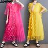 Dimanaf Dress Women 2025 New Plus Size Summer Style Mesh Short Sleeve Chiffon Oversize Solid Loose Basic Dresses Yellow A
