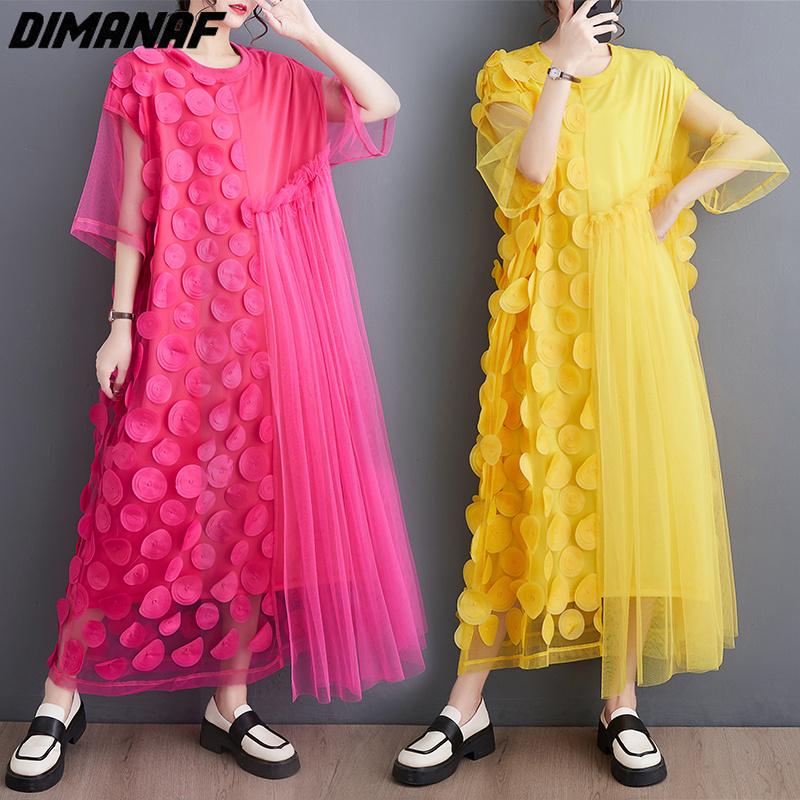 Dimanaf Dress Women 2025 New Plus Size Summer Style Mesh Short Sleeve Chiffon Oversize Solid Loose Basic Dresses Yellow A
