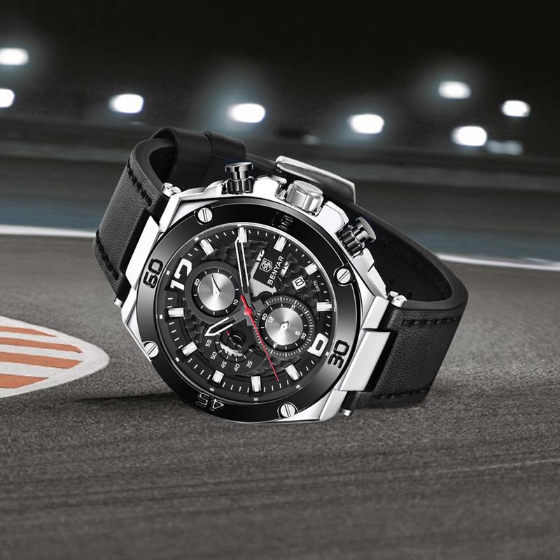 BENYAR Mens Quartz Sports Watches Men Leather Band Watch Men Waterproof Military Wristwatch