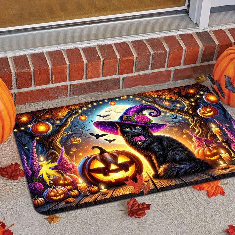 1pc Mysterious Atmosphere Wizard Black Cat Pumpkin Lantern Bat Moonlit Night Creative Entrance Door Mat, Halloween Themed Soft and Skin-Friendly Flann