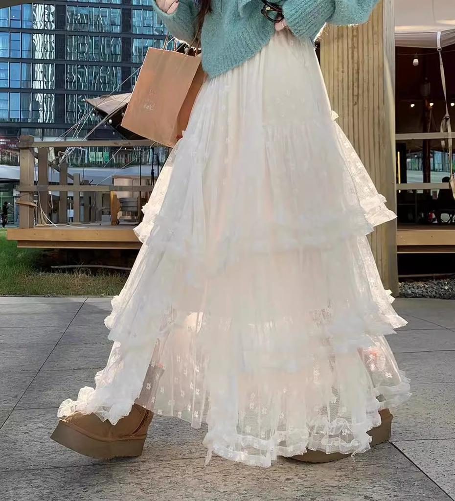 Dimanaf 2025 Весна Женские Новые Юбки Винтаж Свободные Эластичные Плиссированные Элегантные Белые Длинные Юбки Кружева Высокая Талия