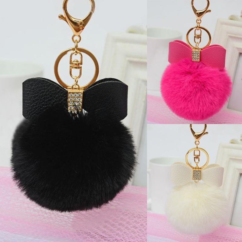 Rabbit Fur Pom-pom Key Chain Bag Charm Fluffy Puff Ball Bow Key Ring Car Pendant Fashion Decoration Accessories Supplies
