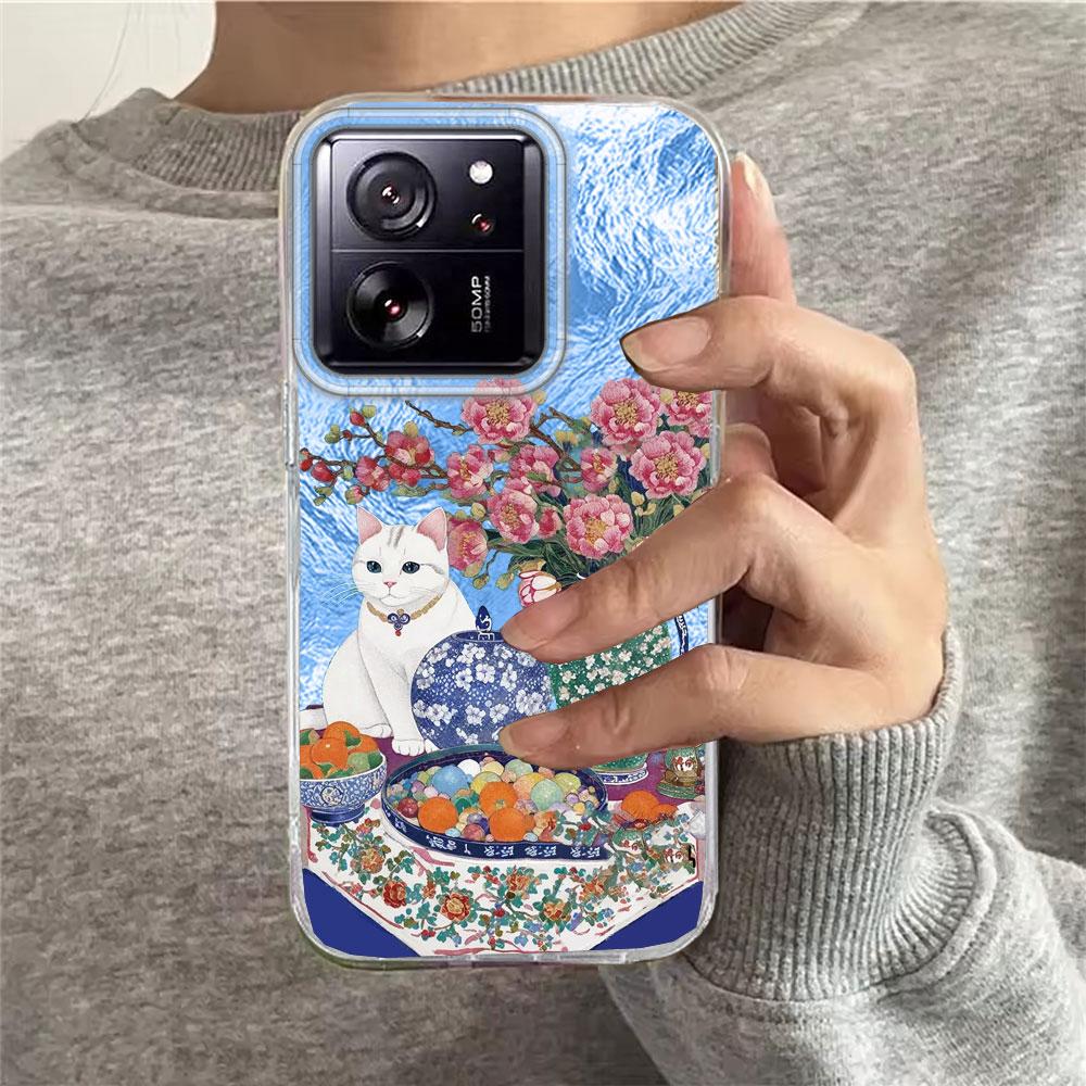 Retro Purple Cat Flower Women Phone Case for Xiaomi 13T 14T 11 Lite Poco X5 M6 Pro X6 X7 X3 Pro NFC C75 C71 C65 C61 M5S Cover
