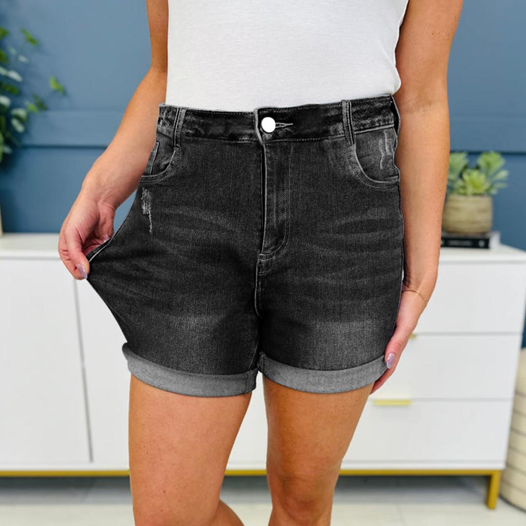 High Waist Elastic Waist Mid Length Shorts-Casual High Waisted Denim Shorts,Stretch Jean Shorts With Adorable Double Pockets