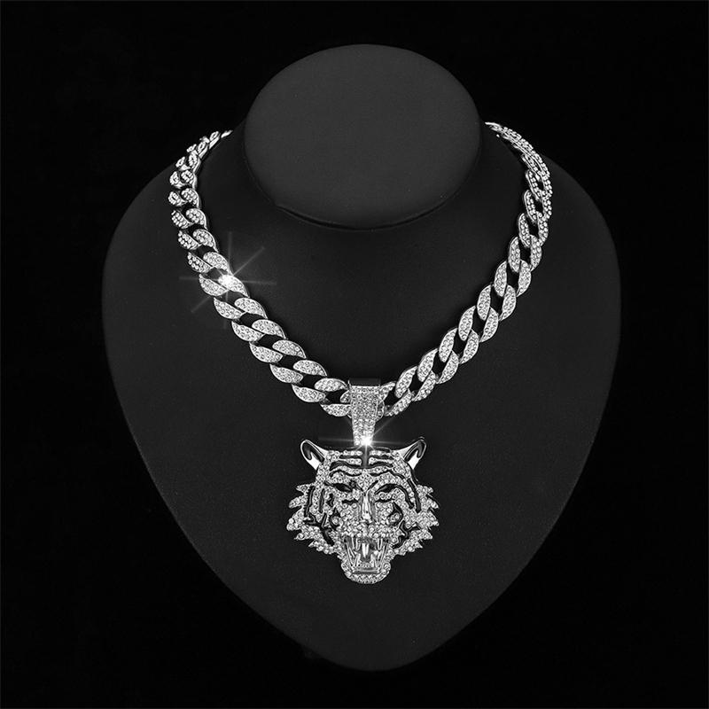 Domineering Ferocious Tiger Head Pendant Full Rhinestone Cuban Chain Animal Necklace Men's Hip Hop Punk Trend Jewelry Boy Gift