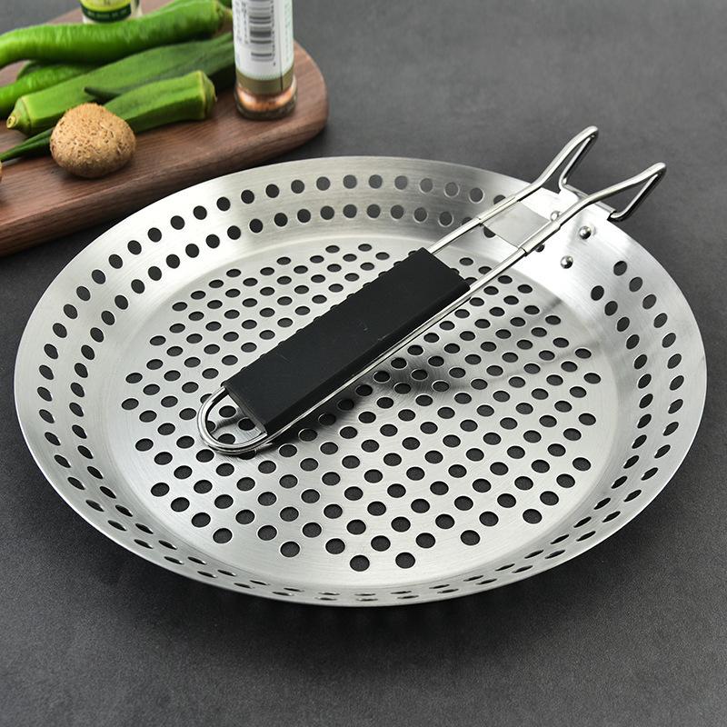 Stainless Steel BBQ Grill Pan , Round Perforated Grilling Basket with Handle, Outdoor Grill Topper for Vegetables, Meat, Pizza