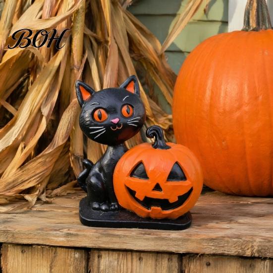 Decorative Resin Statues Halloween Black Cat Pumpkin Skull Statue, Cute Decoration for Durable Party Supplies Indoor Outdoor Yard Table Decor, Festive