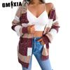 Women's Vintage Casual Stripe Print Autumn Winter Long Sleeve V-Neck Jackets & Lantern Sleeve Cardigan Sweater Coats