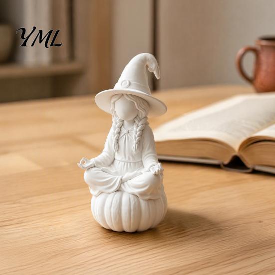 Creative Art Home Accessories 3D Printed Meditating Witch Figurine on Pumpkin Base, Minimalist Base Wizard Statue Halloween Autumn Desktop Statue, DIY