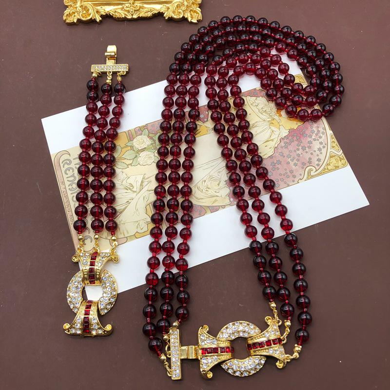 Винтажная многослойная цепочка для свитера из гранатово-красных стеклянных бусин и ожерелье-браслет со стразами