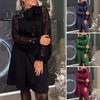 Women Dress Round Neck Lace-up Strap Shiny Sequin Patchwork Long Sleeves Midi Dress Loose Solid Color Knee Length Dress Spring Autumn Dating Party