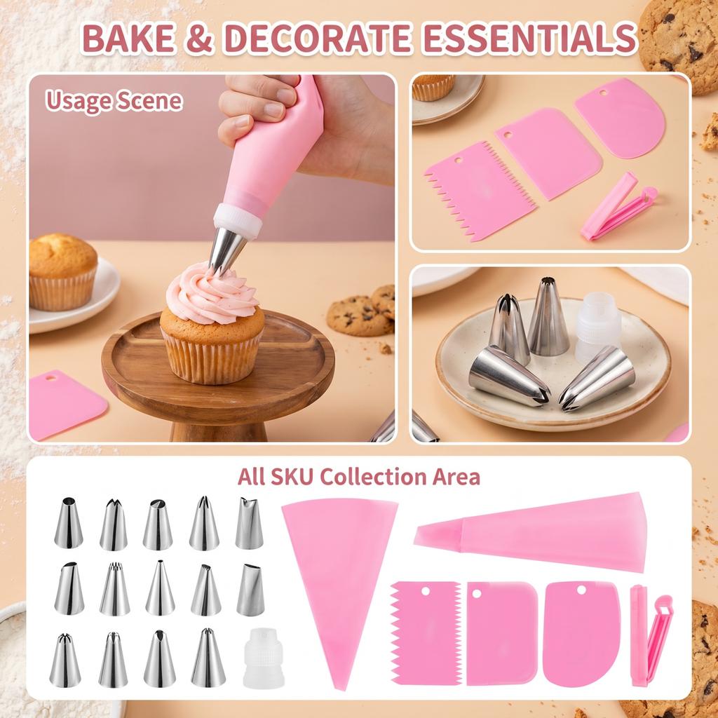 Baking Tools Set with Piping Nozzles and Bags - 20 Piece Decorating Kit for Cakes, Cupcakes and