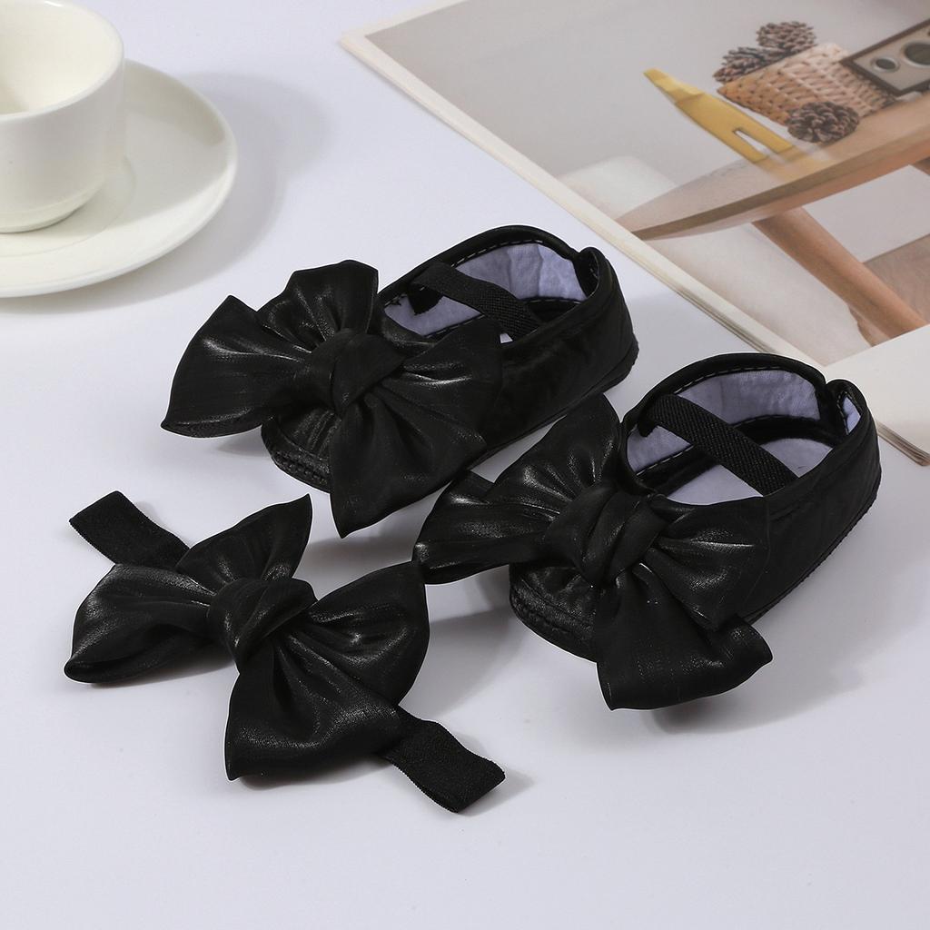 Туфельки для крещения для маленьких девочек с бантом и повязкой на голову, милые блестящие балетки и повязка для волос, мягкая подошва, детские первые шаги