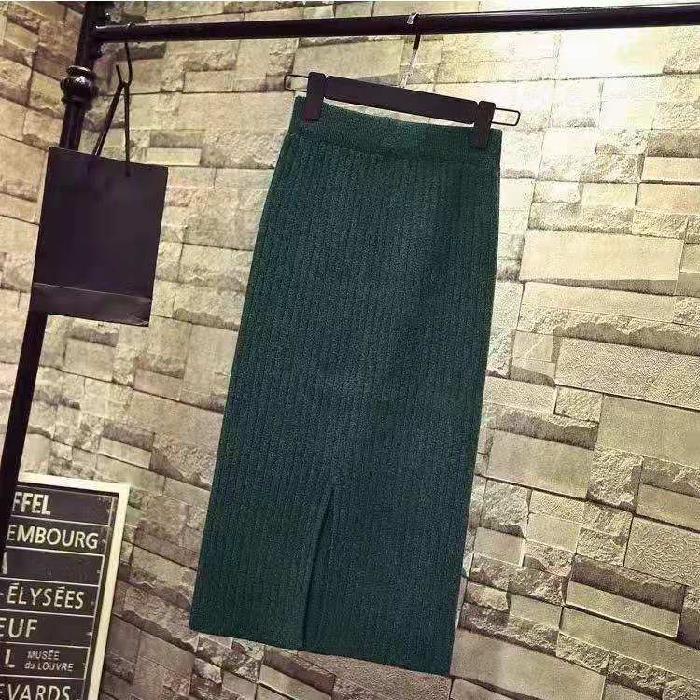 High-Waist Mercerized Cotton Knitted Skirt - Women's Autumn/Winter Slit Midi Skirt