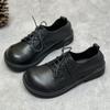 Genuine Leather Women Casual Pumps Retro Cowhide Soft Sole Round Toe Solid Color Lace-up Shoes