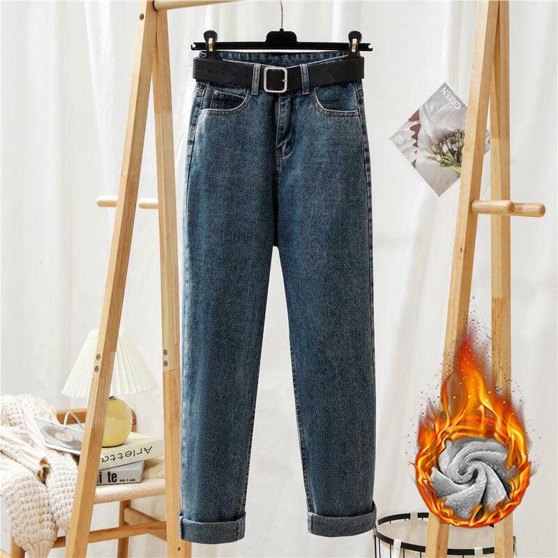 Женские теплые джинсы-карроты из бархата с высокой талией — свободные, универсальные и модные брюки прямого покроя