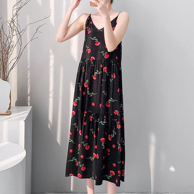 New women's cotton and silk nightgown summer thin large size printing sweet floral pajamas sleeveless outer loungewear