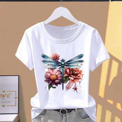 (Азиатский размер) Футболки с коротким рукавом Dragonfly Flower Cute 90s Trend T Clothing Casual Fashion Print Female Casual Women's Top Graphic Tee