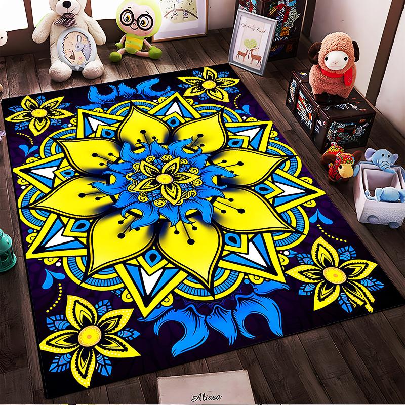 Yellow and Blue Mandala Pattern Carpet, Boho Style Decorative Rug. Suitable for use as an anti-slip for living room bedroom sofas