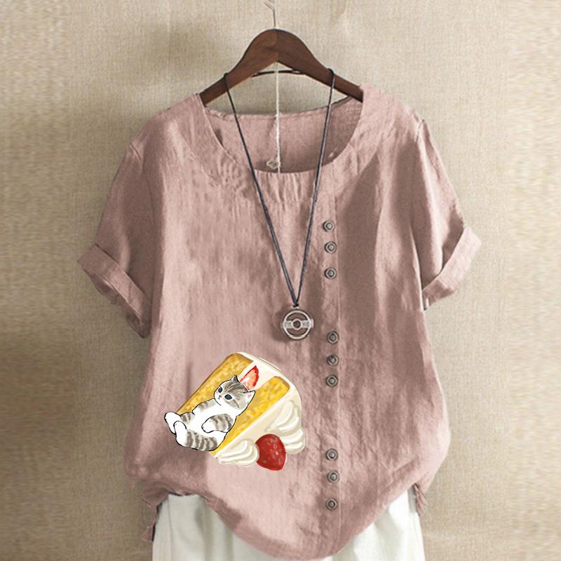 Женская мода, футболка с круглым вырезом и короткими рукавами с милым котом, повседневная рубашка из хлопка и льна с рисунком, свободная летняя блузка для отдыха, топы больших размеров
