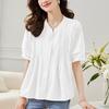 Apricot Round Neck Shirt for Women Short-sleeved Loose Slimming Top Accordion Pleated Design Pure Cotton White Shirt