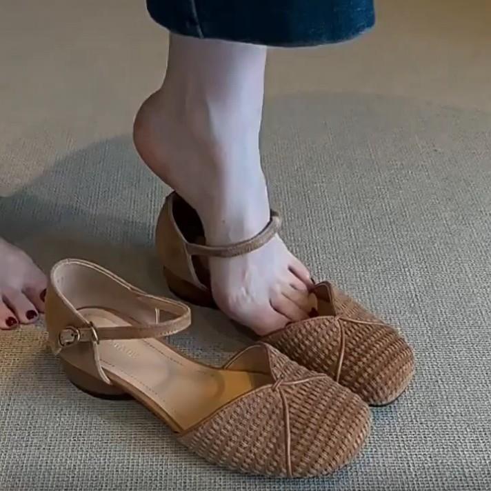 Версия из овчины~ ретро милая сумка голова обувь женская летняя низкий каблук кожа круглая голова богемный стиль слово с сандалиями