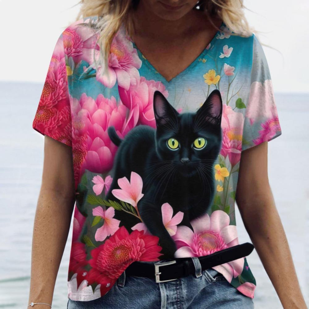 Summer Cartoon Cat Women's T Shirts Vintage Short Sleeve Tops Girls V-Neck Tees Female Clothing Oversized Pullover