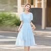 Summer New Design Sense Elegant Temperament Round Neck Wooden Ear Edge Fresh Waist Dress Women