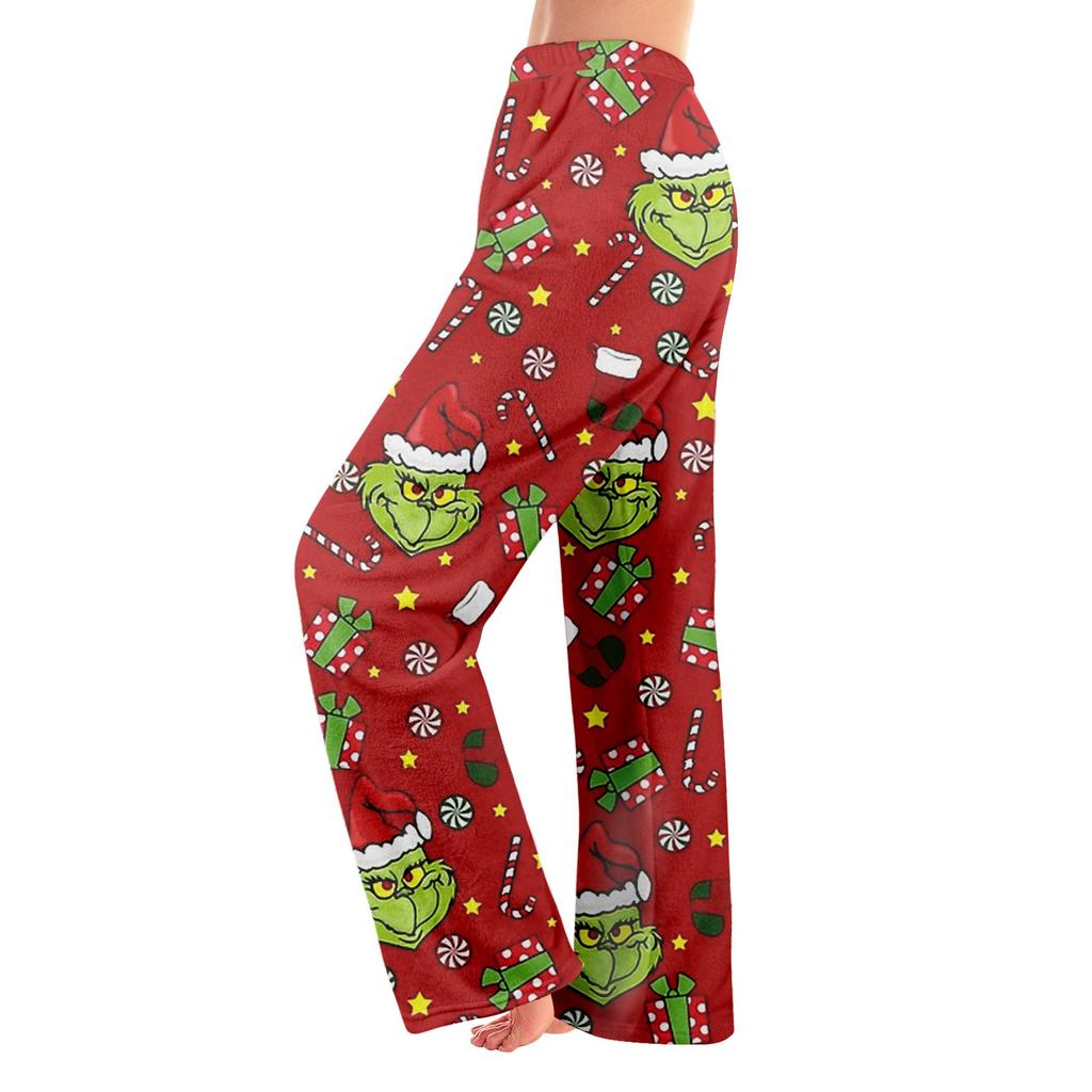Женские зимние брюки, длинные брюки, рождественские принтованные брюки