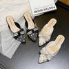 2024 Летняя новая обувь для женщин, тапочки для девочек, хрустальные банты, уличные блестящие повседневные сандалии для девочек, туфли на каблуках, мюли